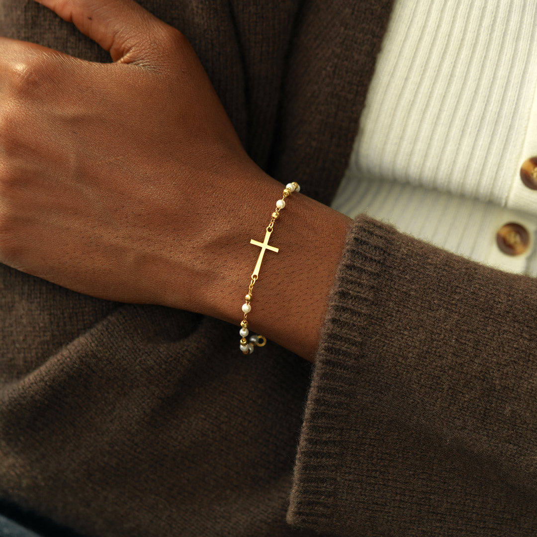 Pray Through the Hardest Days Cross Pearl Bracelet