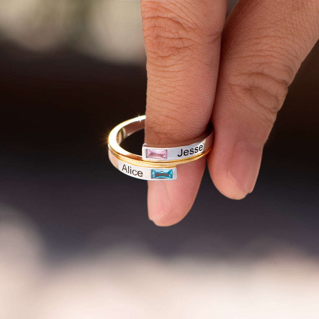 Two Name&Birthstone Bypass Ring