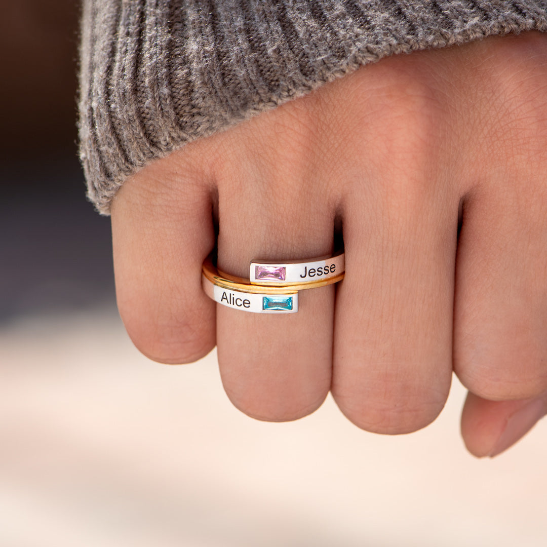Two Name&Birthstone Bypass Ring