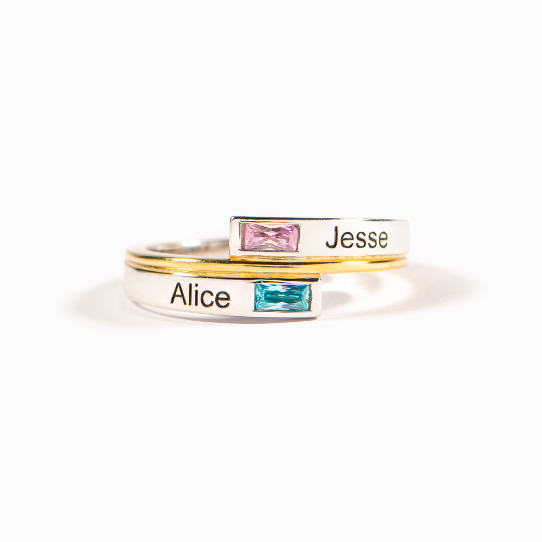 Two Name&Birthstone Bypass Ring