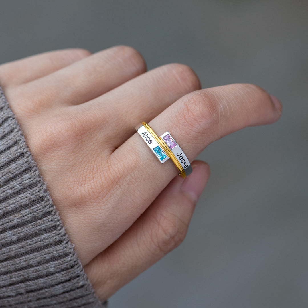 Two Name&Birthstone Bypass Ring