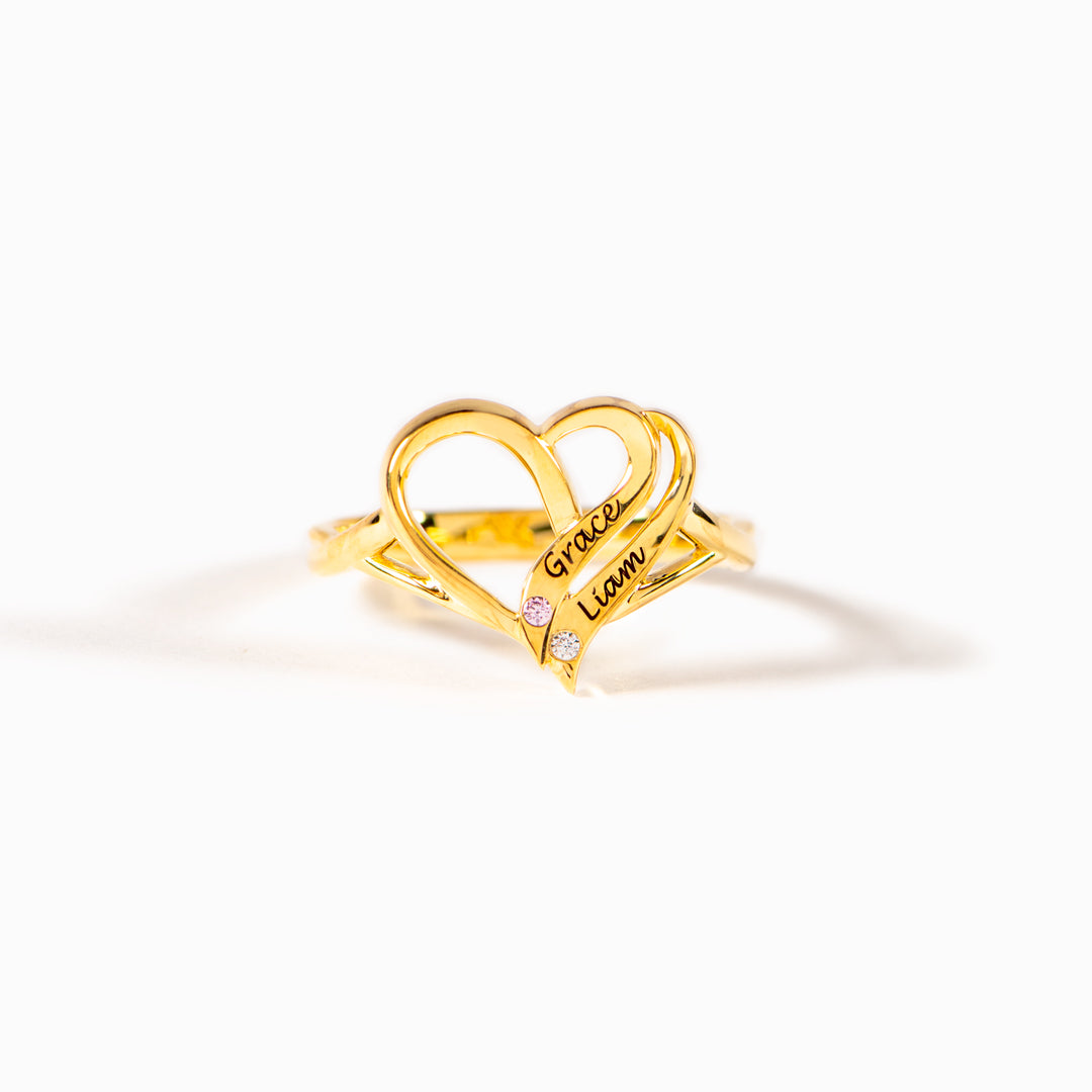 Two Hearts Forever One Name&Birthstone Heart Ring