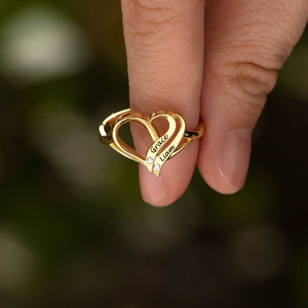 Two Hearts Forever One Name&Birthstone Heart Ring