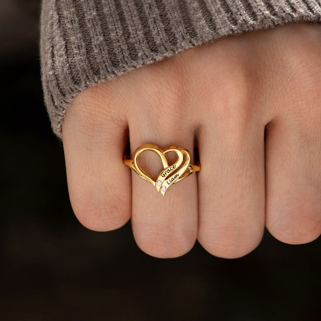 Two Hearts Forever One Name&Birthstone Heart Ring