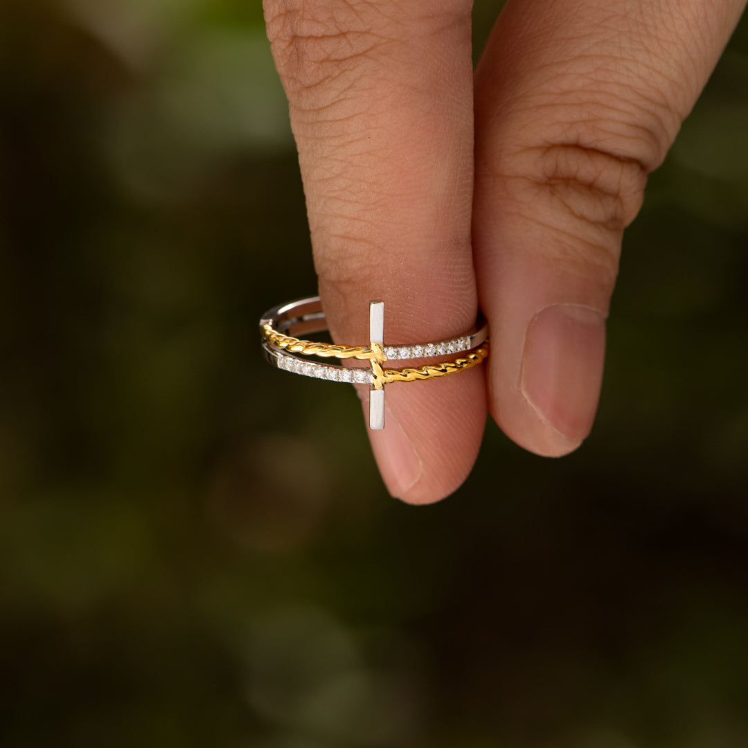 When Life Gets You Down Two-Tone Sideways Cross Ring