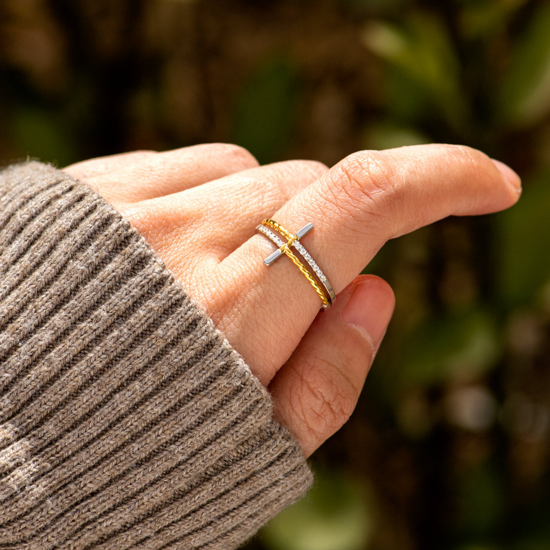 When Life Gets You Down Two-Tone Sideways Cross Ring