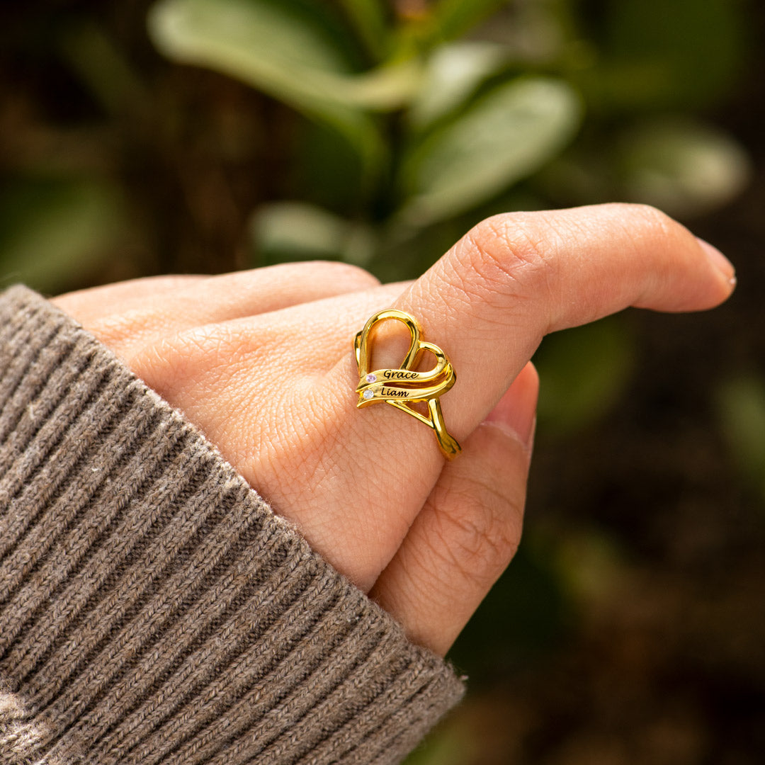Two Hearts Forever One Name&Birthstone Heart Ring