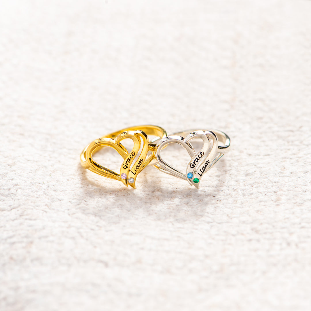 Two Hearts Forever One Name&Birthstone Heart Ring