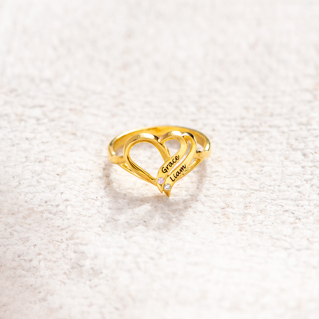 Two Hearts Forever One Name&Birthstone Heart Ring