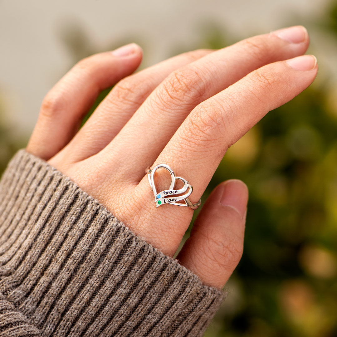 Two Hearts Forever One Name&Birthstone Heart Ring