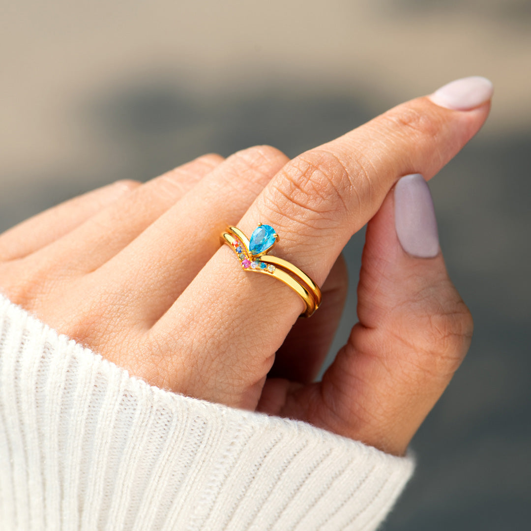 Mom And Kids 1-9 Birthstones Pear Cut Chevron Ring