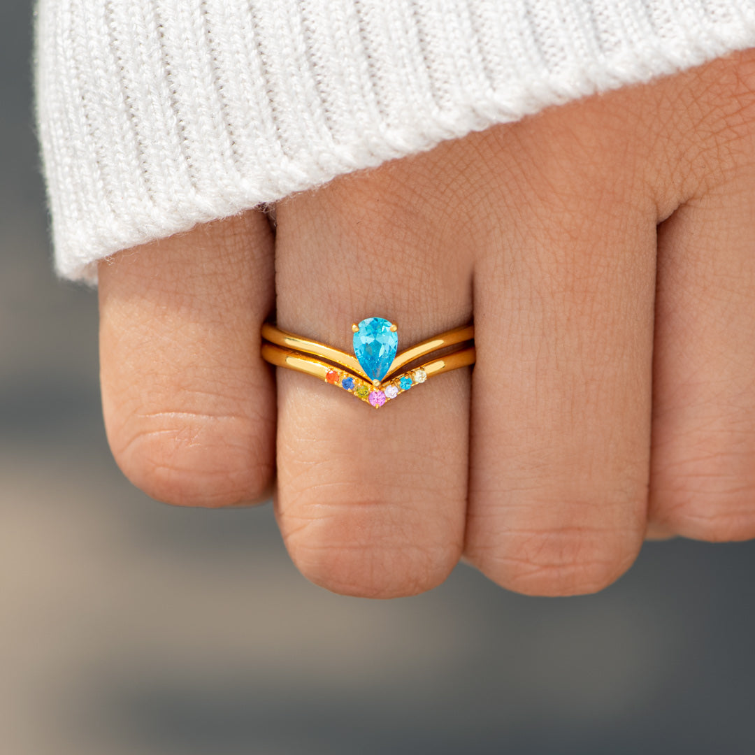 Mom And Kids 1-9 Birthstones Pear Cut Chevron Ring