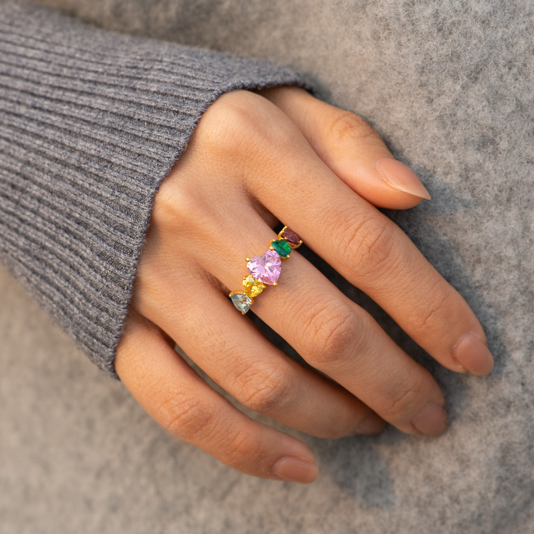 Mama's Valentines Mom and 1-4 Kids Heart Birthstone Ring