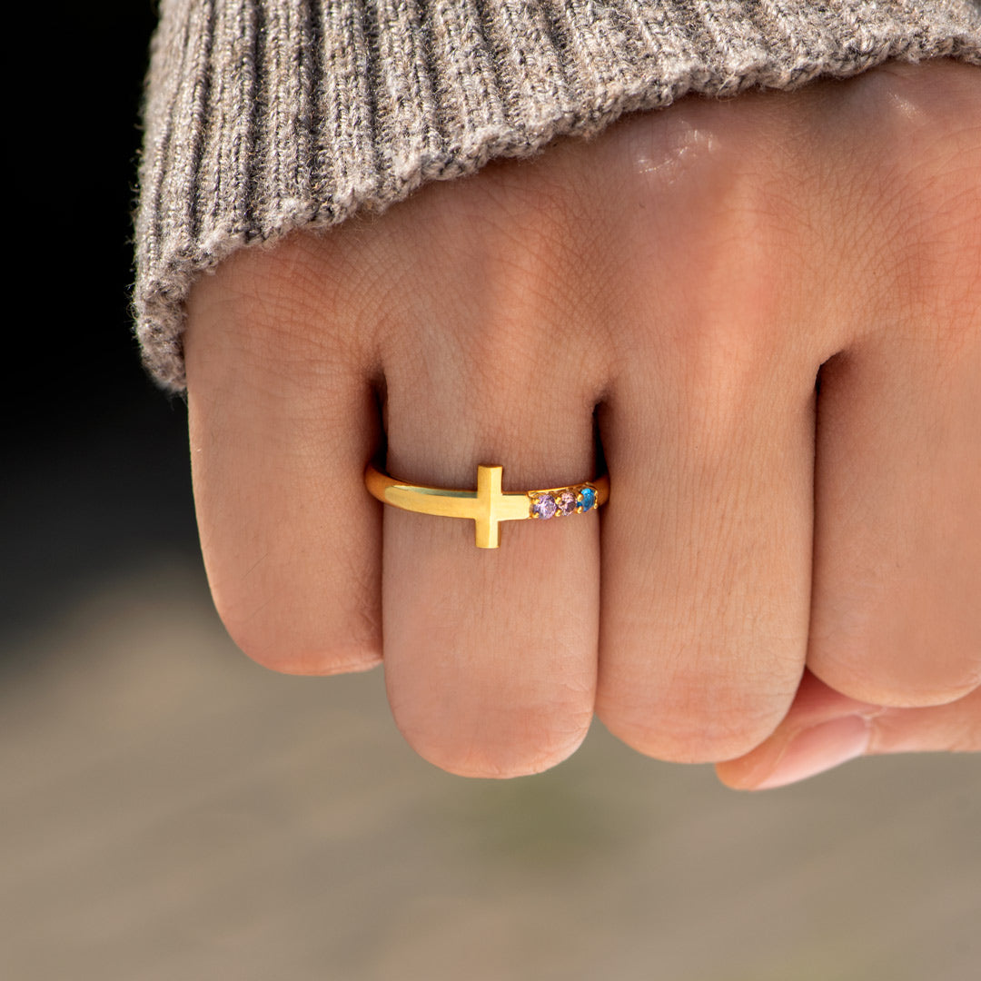 Motherhood is Kingdom Work 1-7 Birthstones Cross Ring