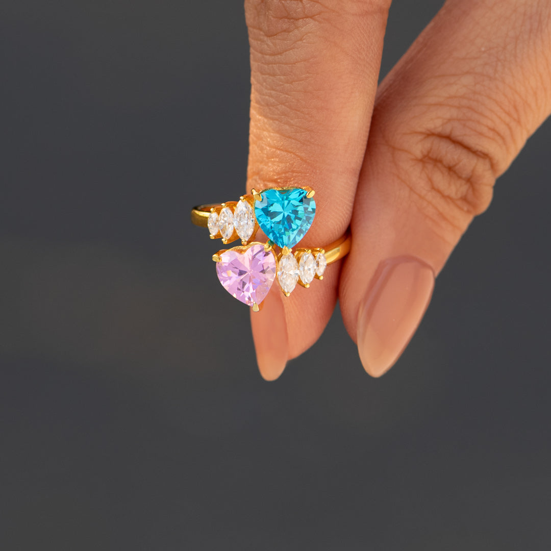 Our Hearts Are Connected Two Heart Birthstone Bypass Ring