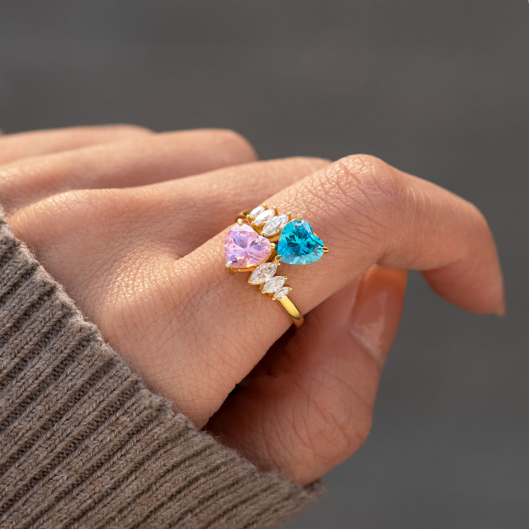 Our Hearts Are Connected Two Heart Birthstone Bypass Ring