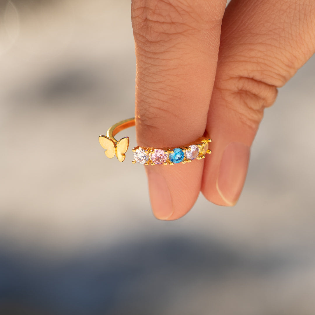 1-6 Birthstones Golden Butterfly Mama Ring