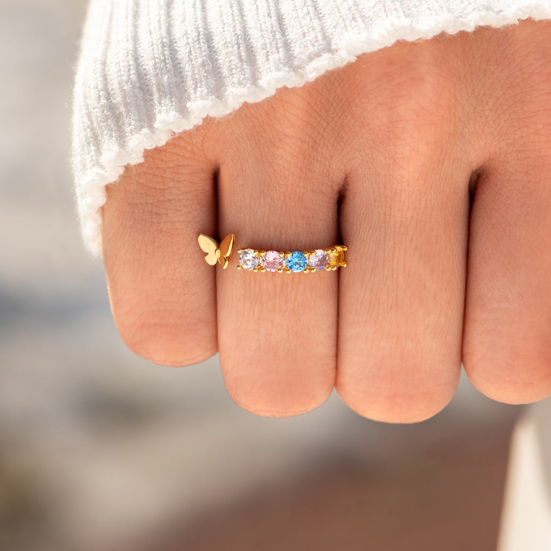 1-6 Birthstones Golden Butterfly Mama Ring