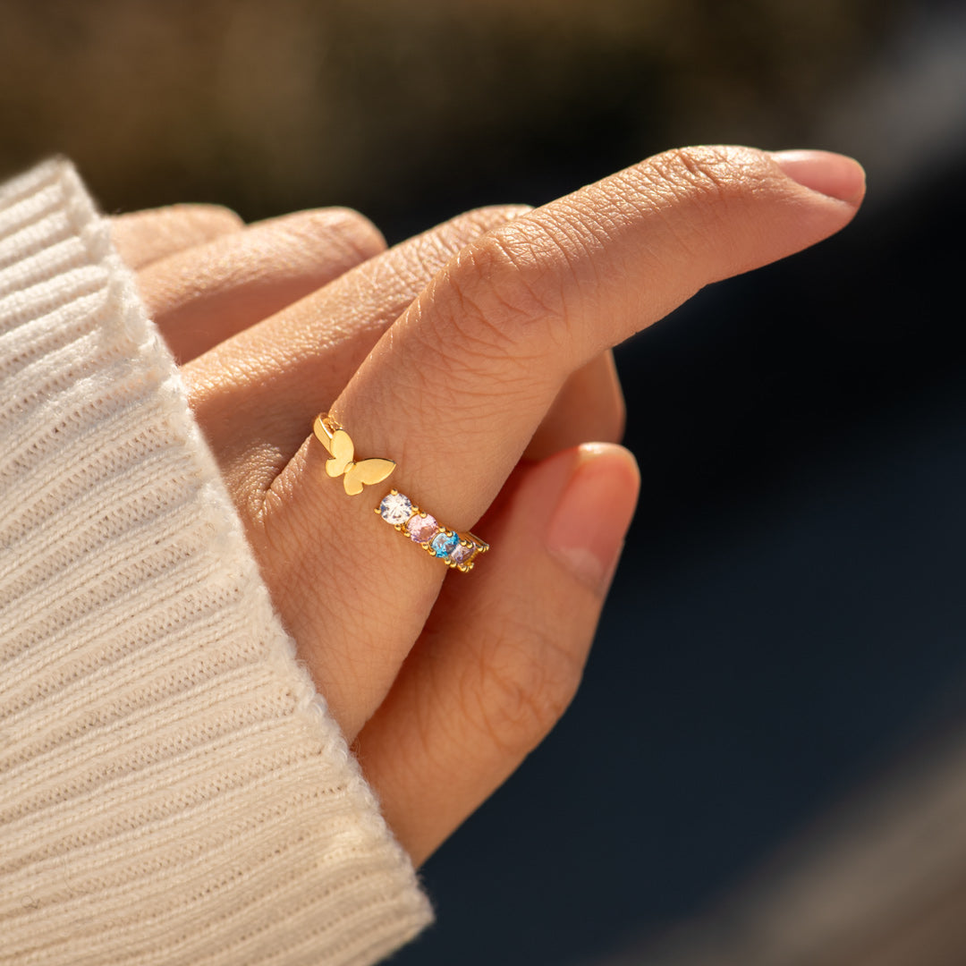 1-6 Birthstones Golden Butterfly Mama Ring