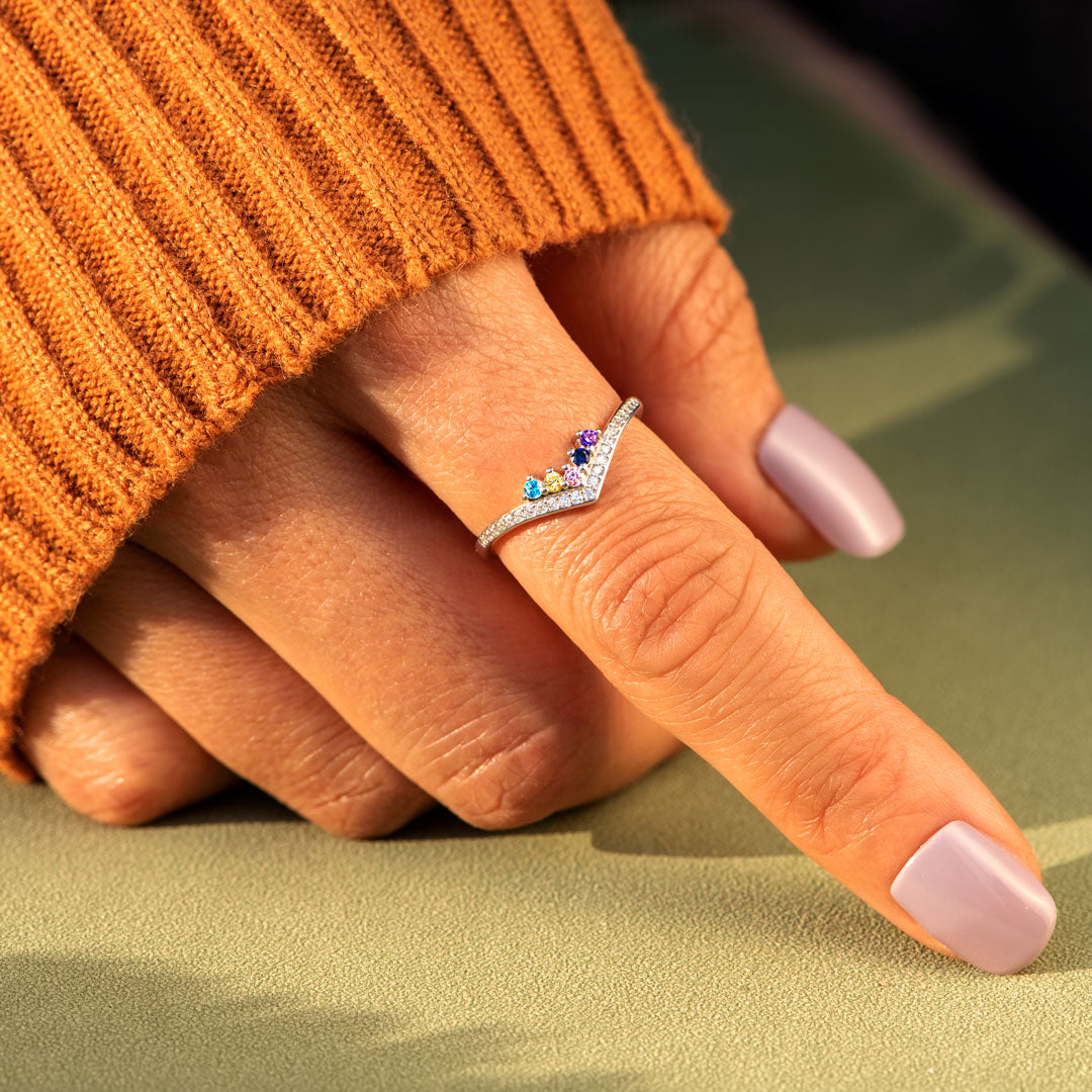 Personalized 1-8 Birthstones Chevron Pavé Ring
