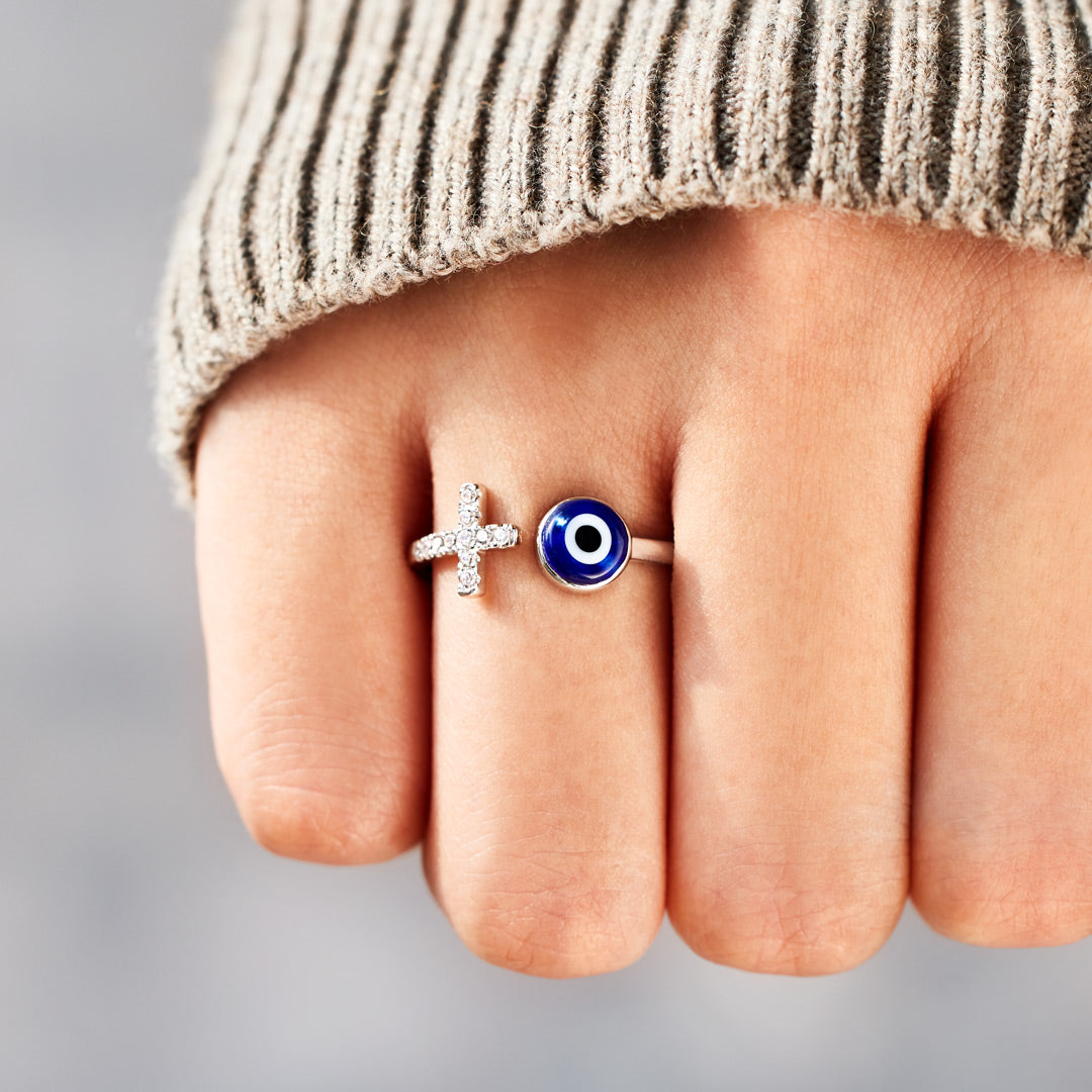 Fear No Evil Cross Ring With Evil Eye
