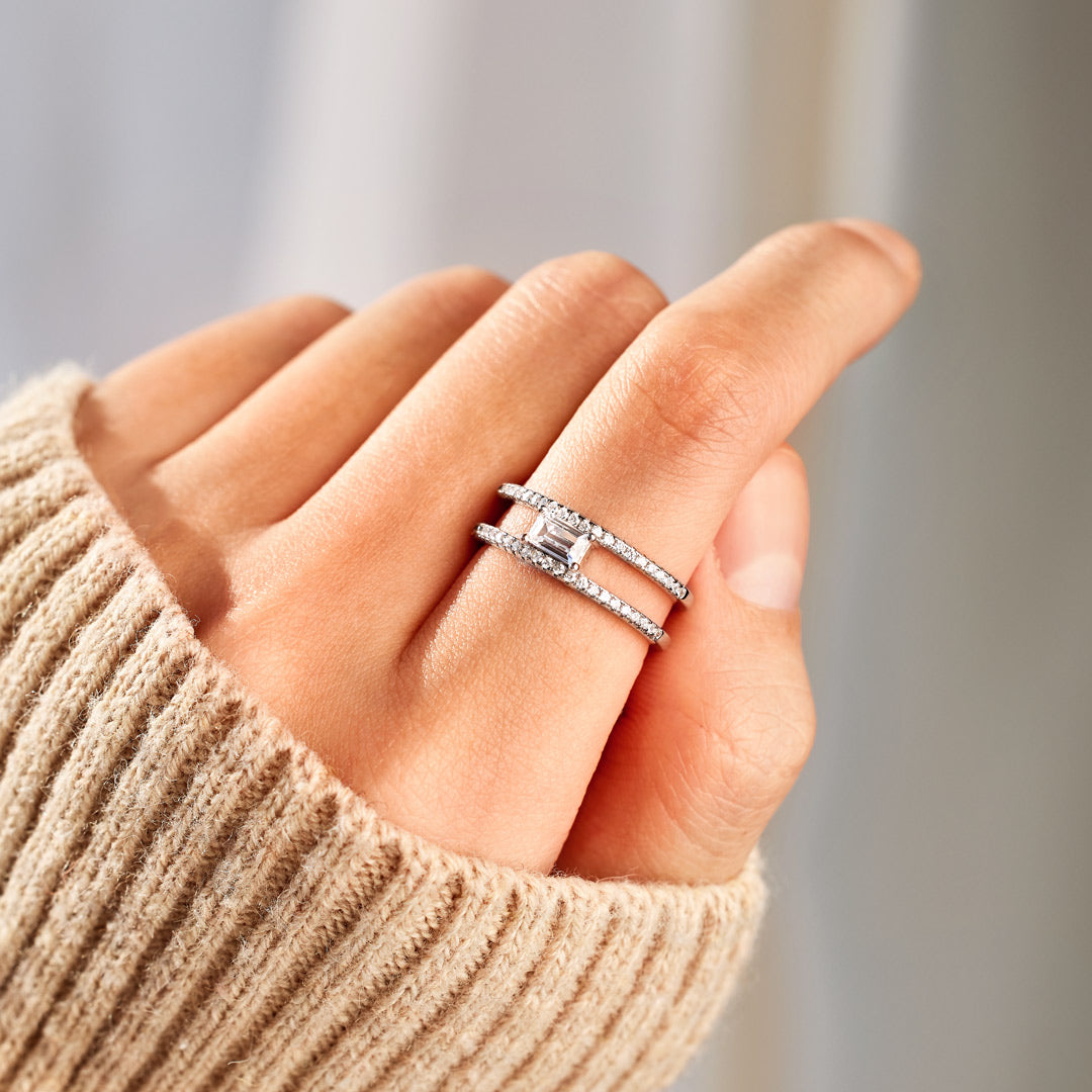 Parallel Paths Square Cut Pavé Double Band Ring