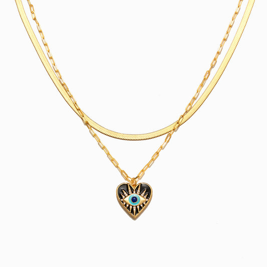 Enamel Heart Evil Eye Layered Necklace Set
