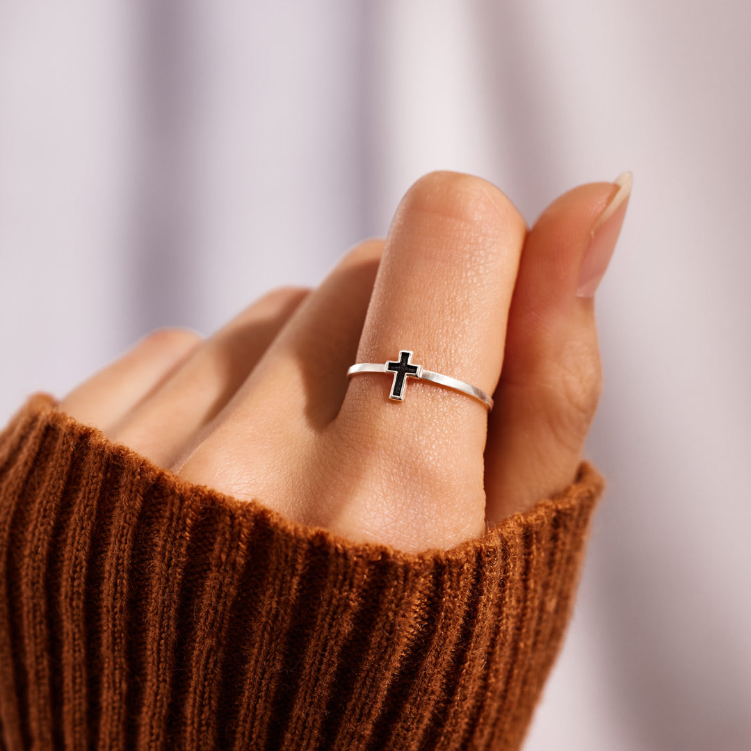 Pray Through It Minimalist Black Cross Ring