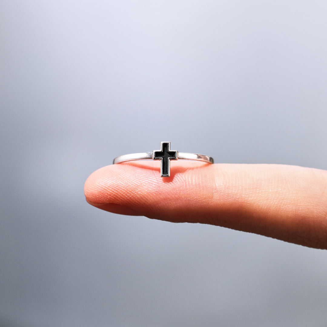 Pray Through It Minimalist Black Cross Ring