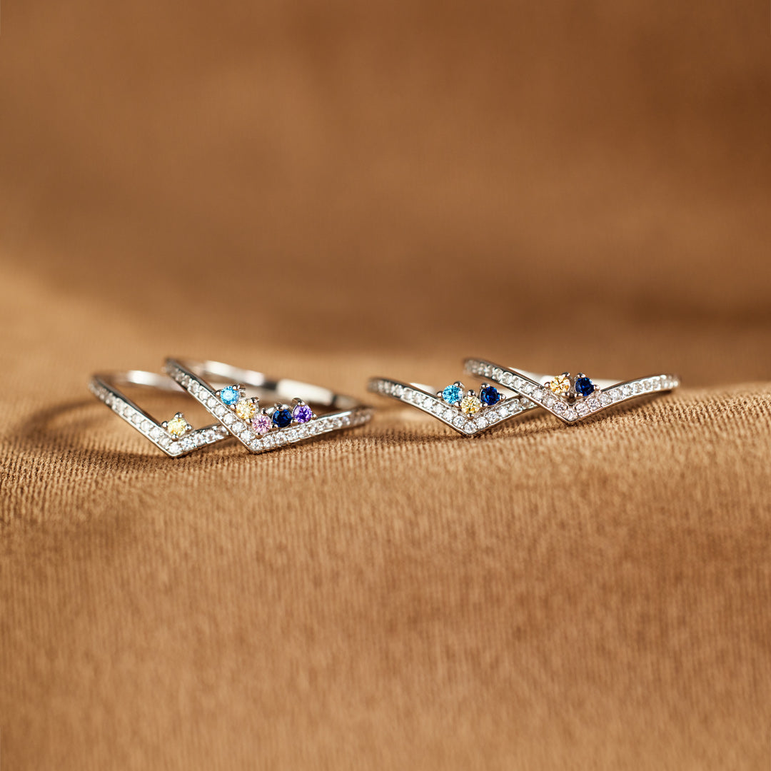 Personalized 1-8 Birthstones Chevron Pavé Ring