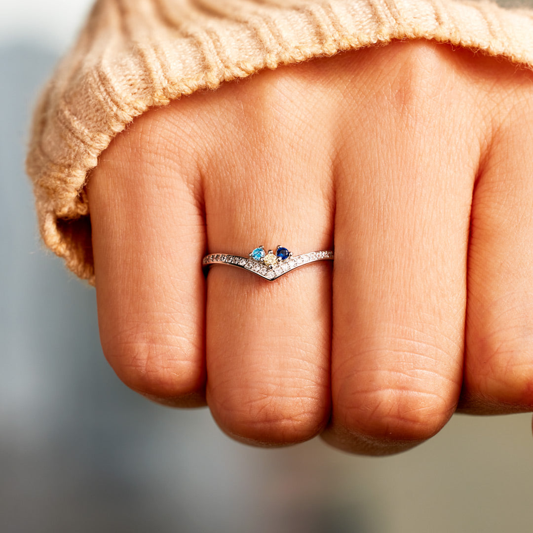 Personalized 1-8 Birthstones Chevron Pavé Ring