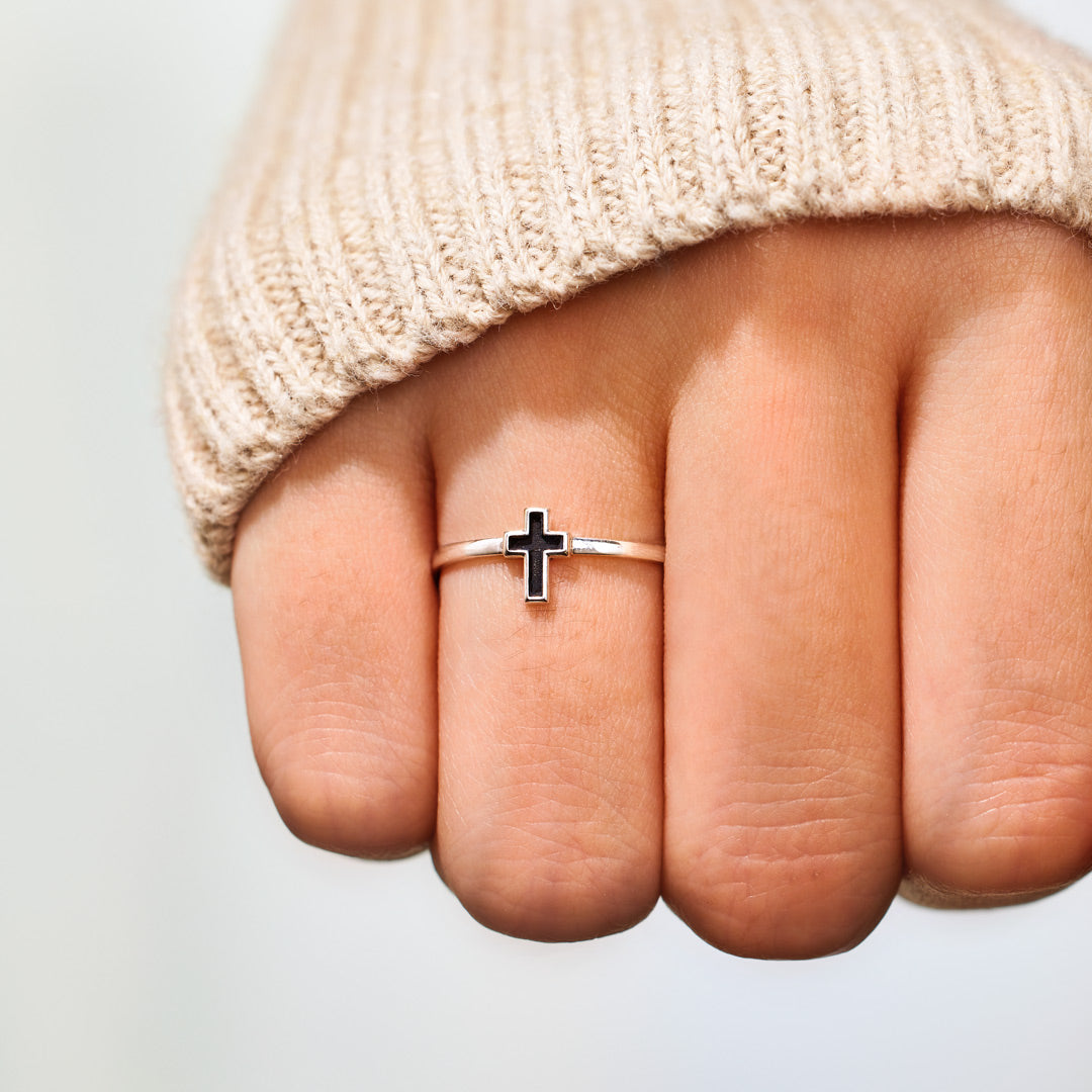 Pray Through It Minimalist Black Cross Ring