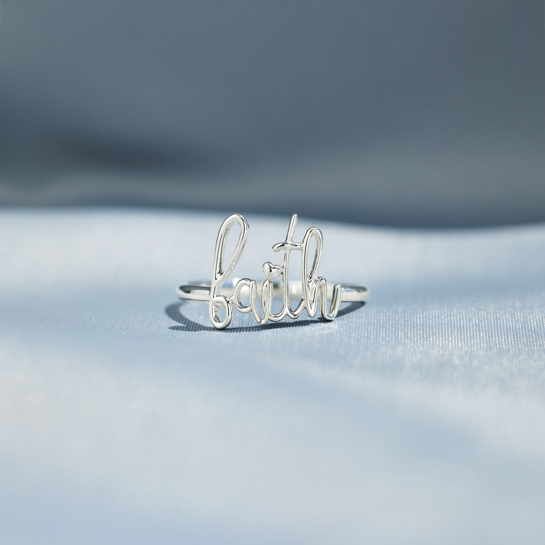 God Works Faith Cursive Letter Ring