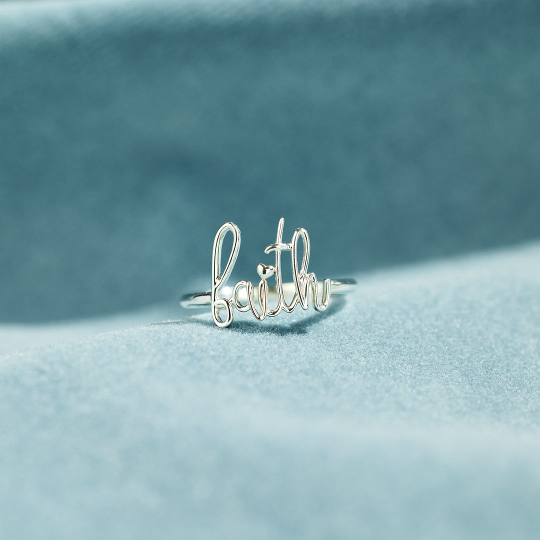 God Works Faith Cursive Letter Ring