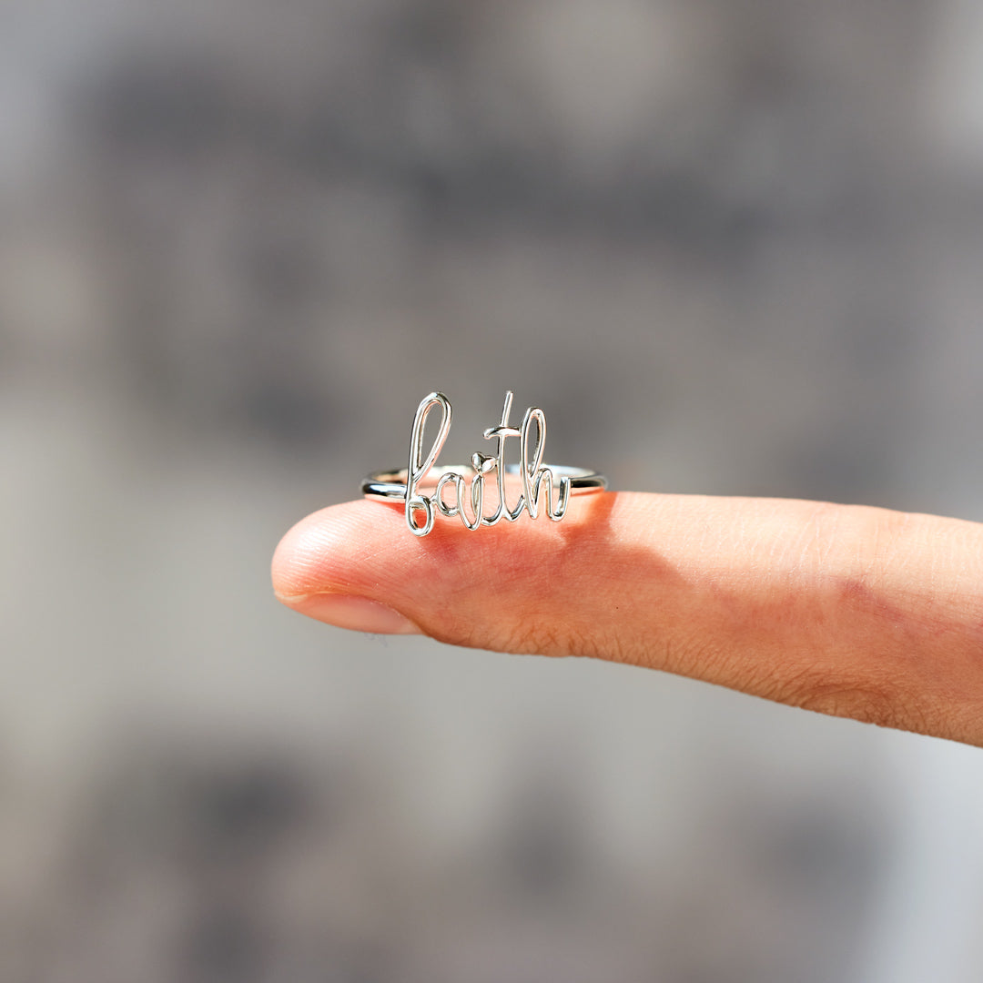 God Works Faith Cursive Letter Ring