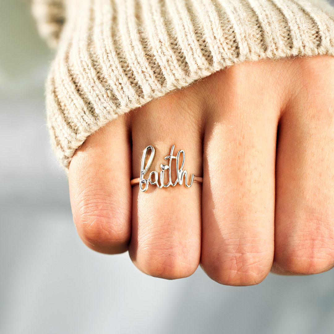 God Works Faith Cursive Letter Ring