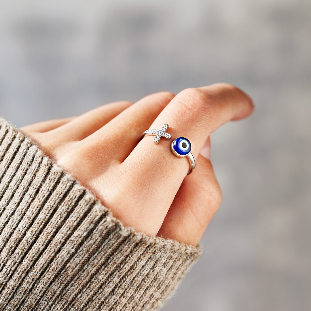 Fear No Evil Cross Ring With Evil Eye