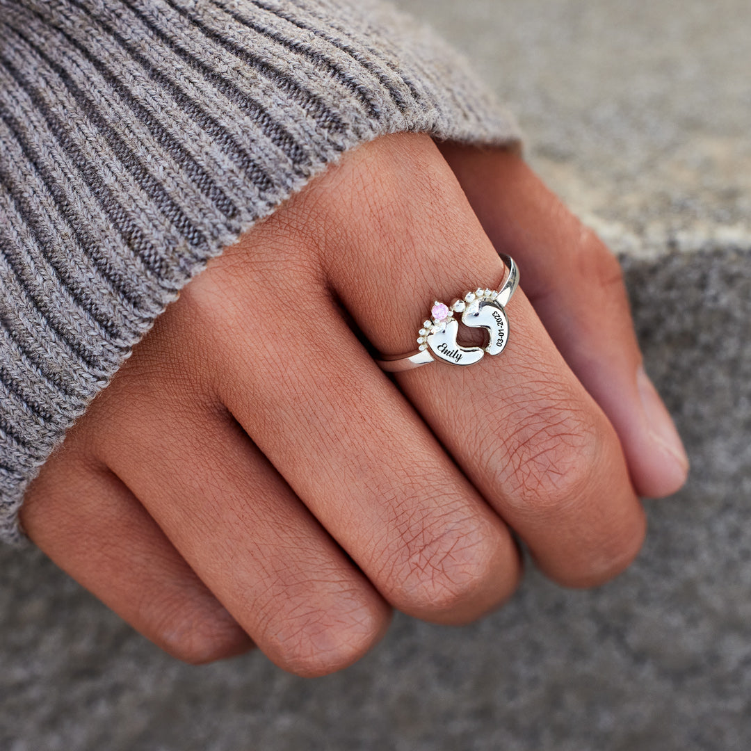 Custom Birthstone Baby Footprint Ring with Baby Name Personalized Gift For New Mom