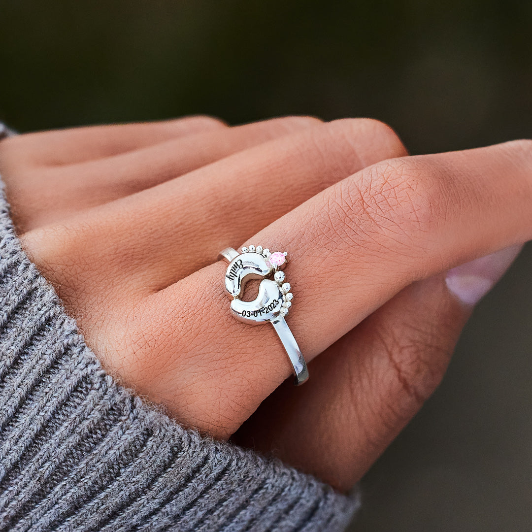Custom Birthstone Baby Footprint Ring with Baby Name Personalized Gift For New Mom
