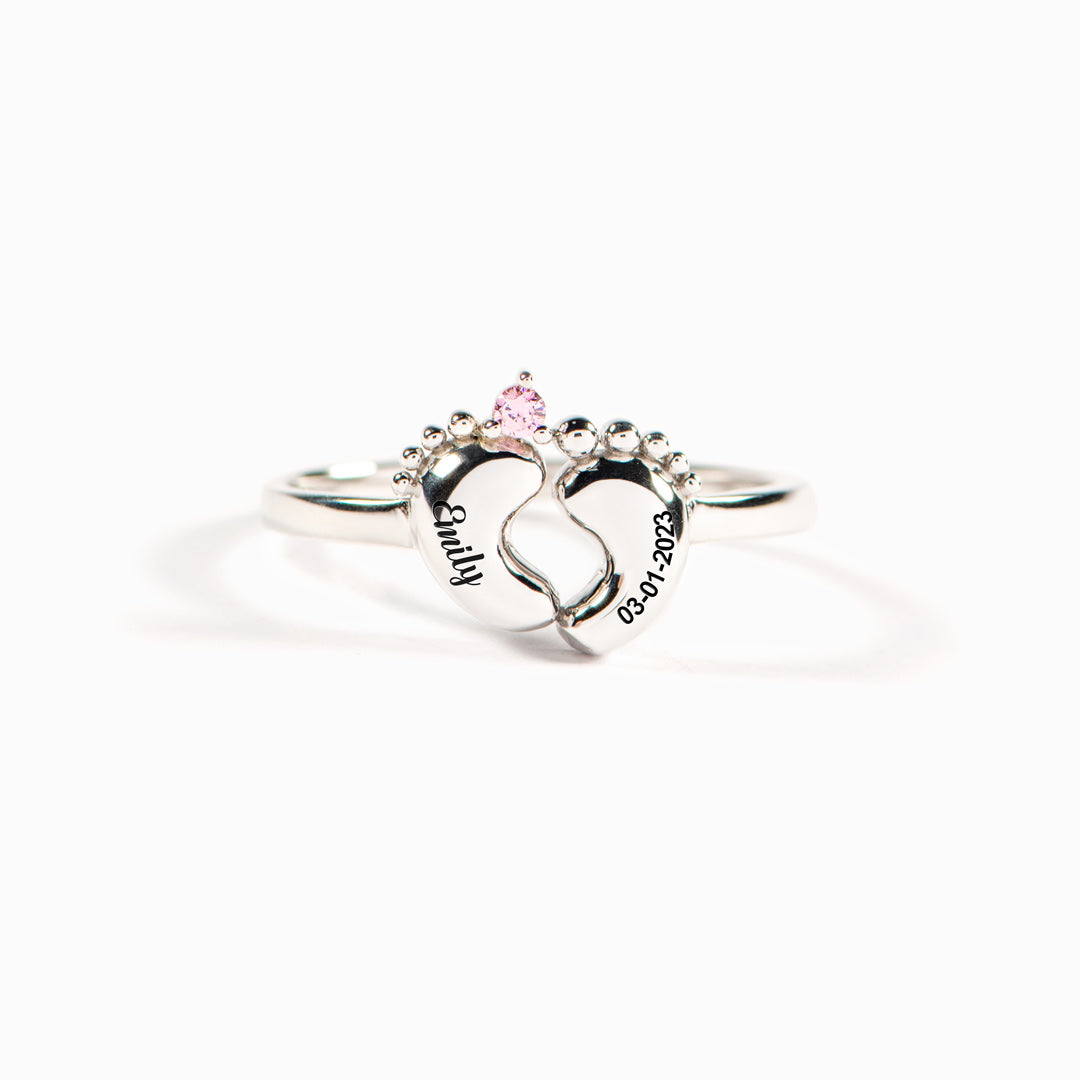 Custom Birthstone Baby Footprint Ring with Baby Name Personalized Gift For New Mom