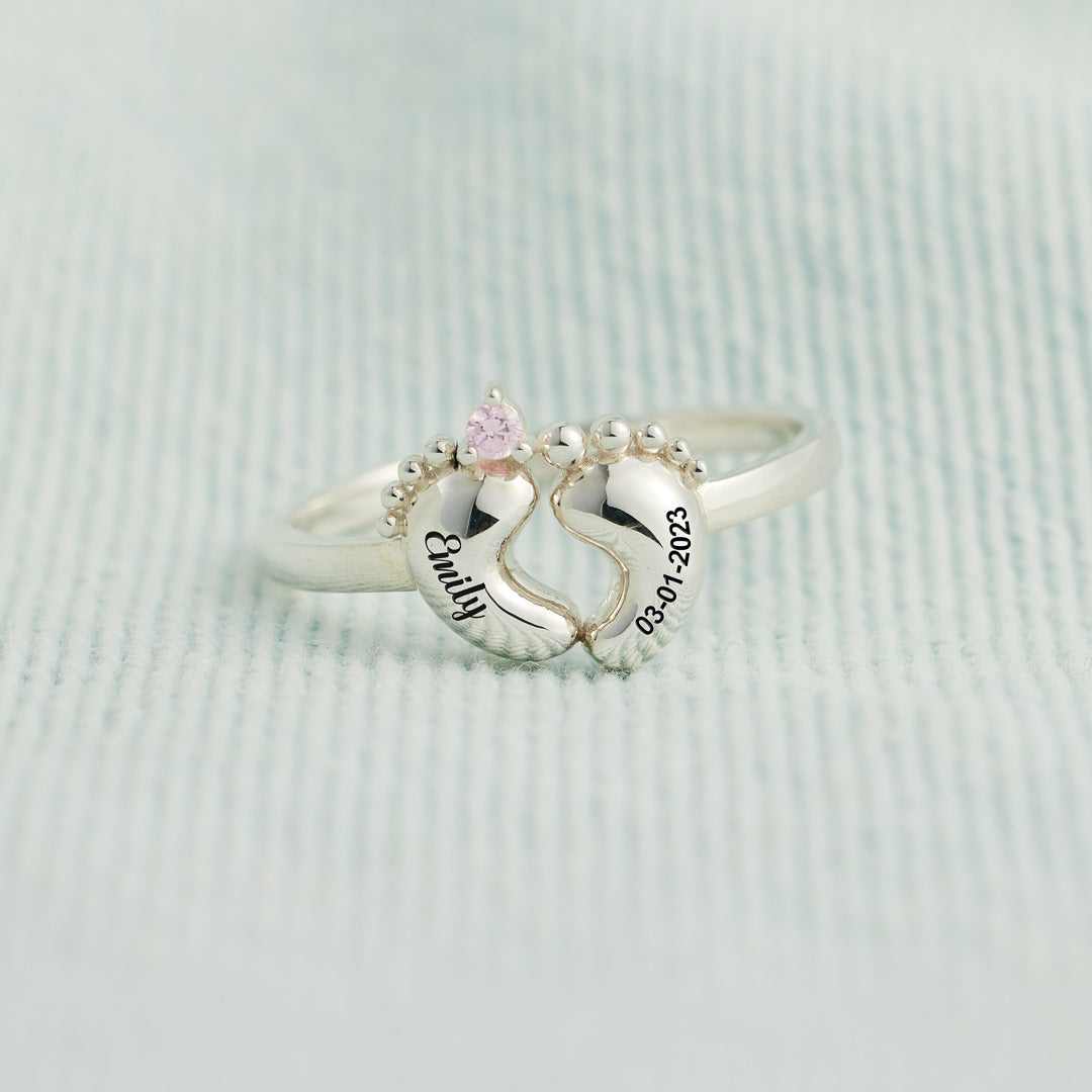 Custom Birthstone Baby Footprint Ring with Baby Name Personalized Gift For New Mom