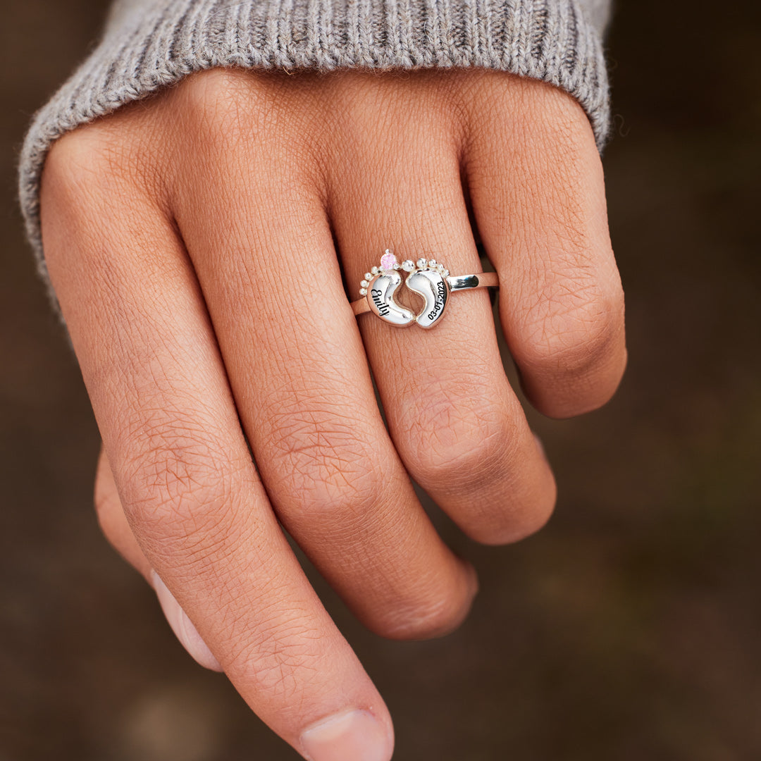 Custom Birthstone Baby Footprint Ring with Baby Name Personalized Gift For New Mom