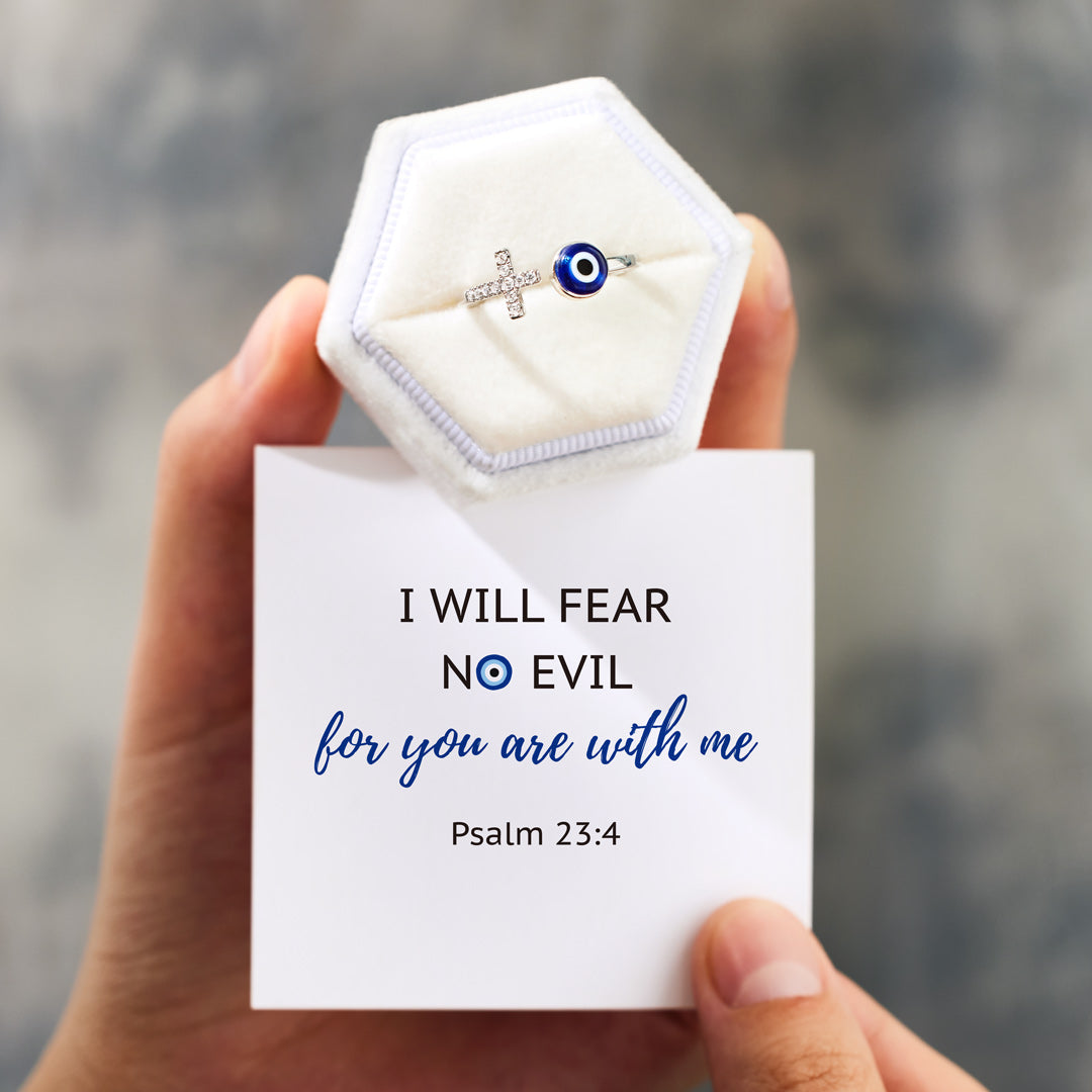 Fear No Evil Cross Ring With Evil Eye