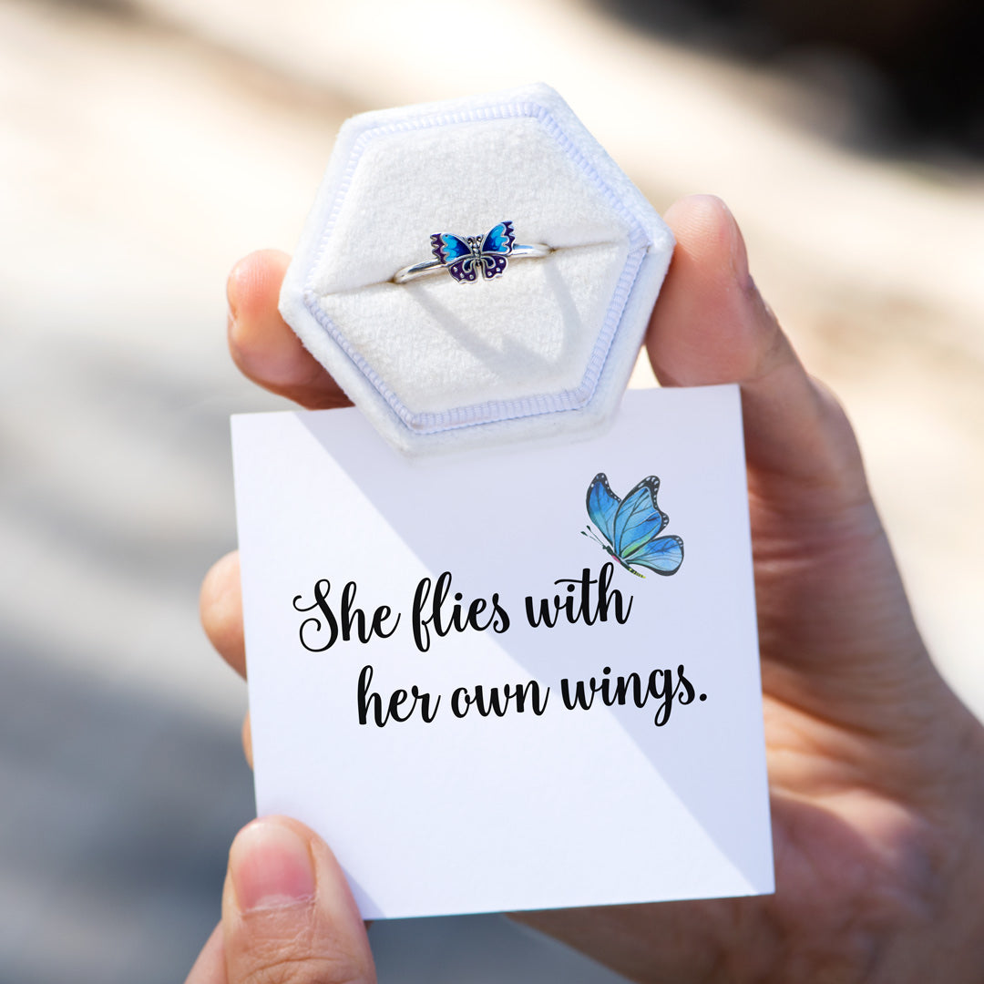 She Flies With Her Own Wings Enamel Butterfly Ring